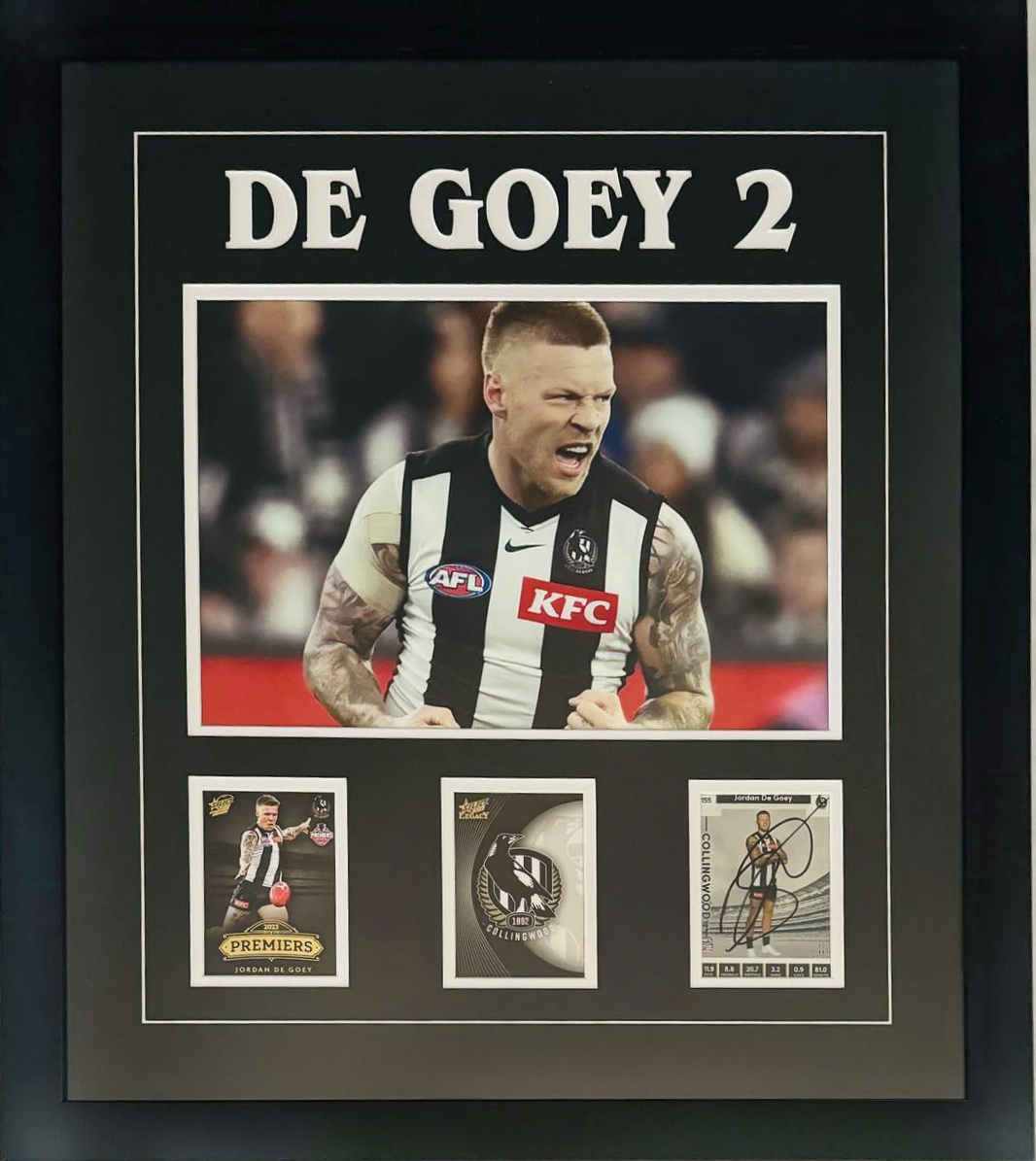 AFL 2023 Premiership - Collingwood Magpies - Jordan DeGoey - Framed and Hand Signed Collage with COA - S2 | AFL_-_Collingwood_Magpies_-_Jordan_DeGoey_-_Jordan_DeGoey_2_-with_3_Cards_-_1_Signed_-_COA_-_S2.jpg
